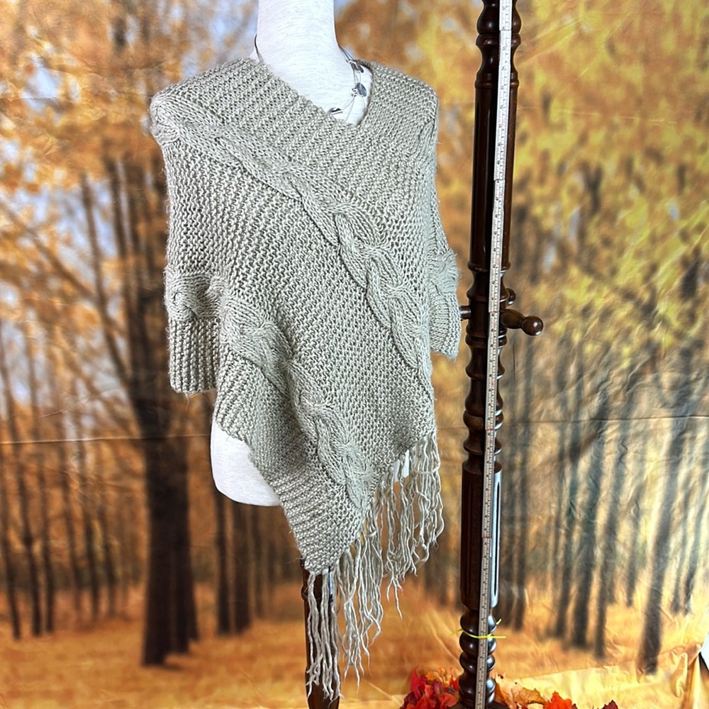 Fuzzy cable knit sweater turtle shawl. Tan super duper soft!